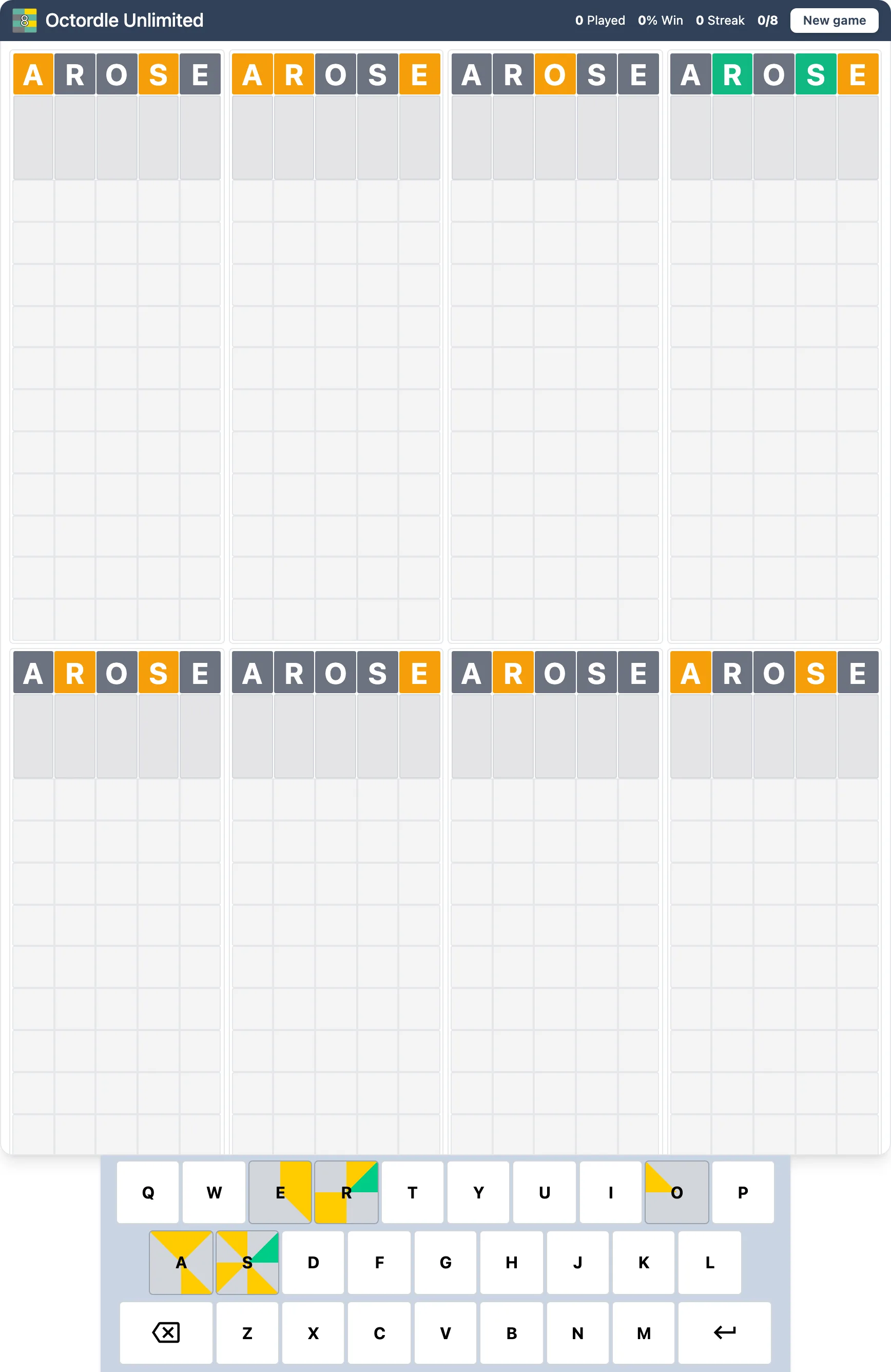 Octordle Unlimited: eight Wordle boards solved at once, with the eight-way coloured keyboard beneath them