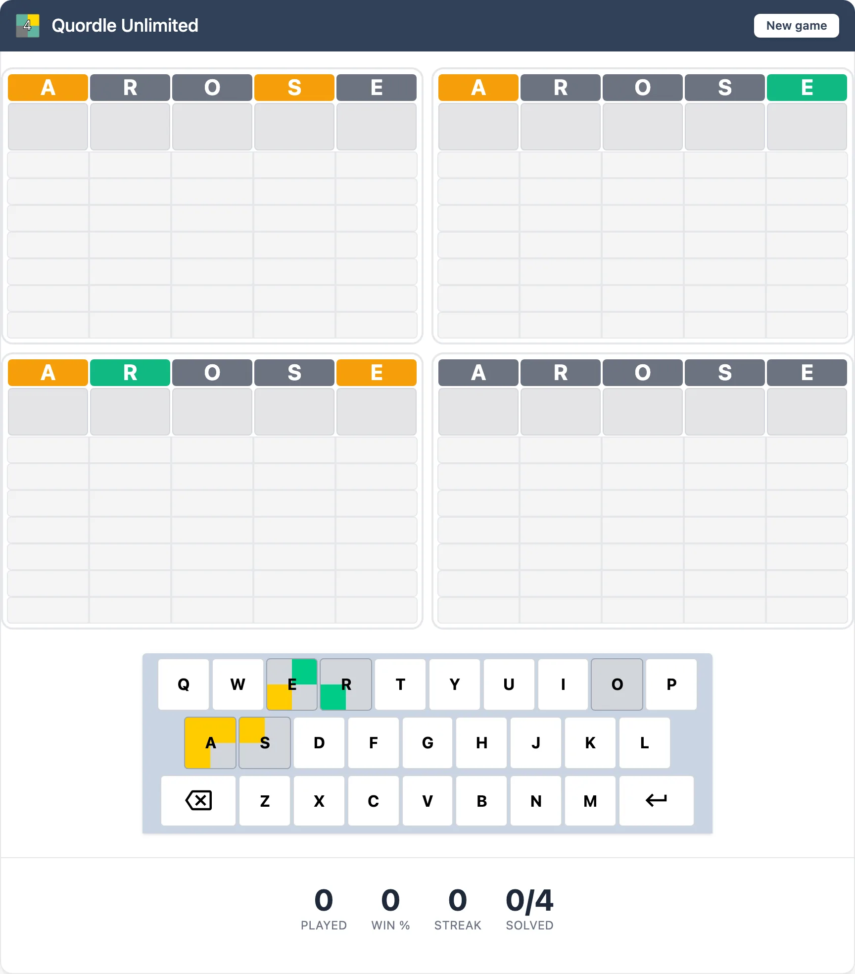 Quordle Unlimited: four Wordle boards solved at once, with the four-way coloured keyboard beneath them