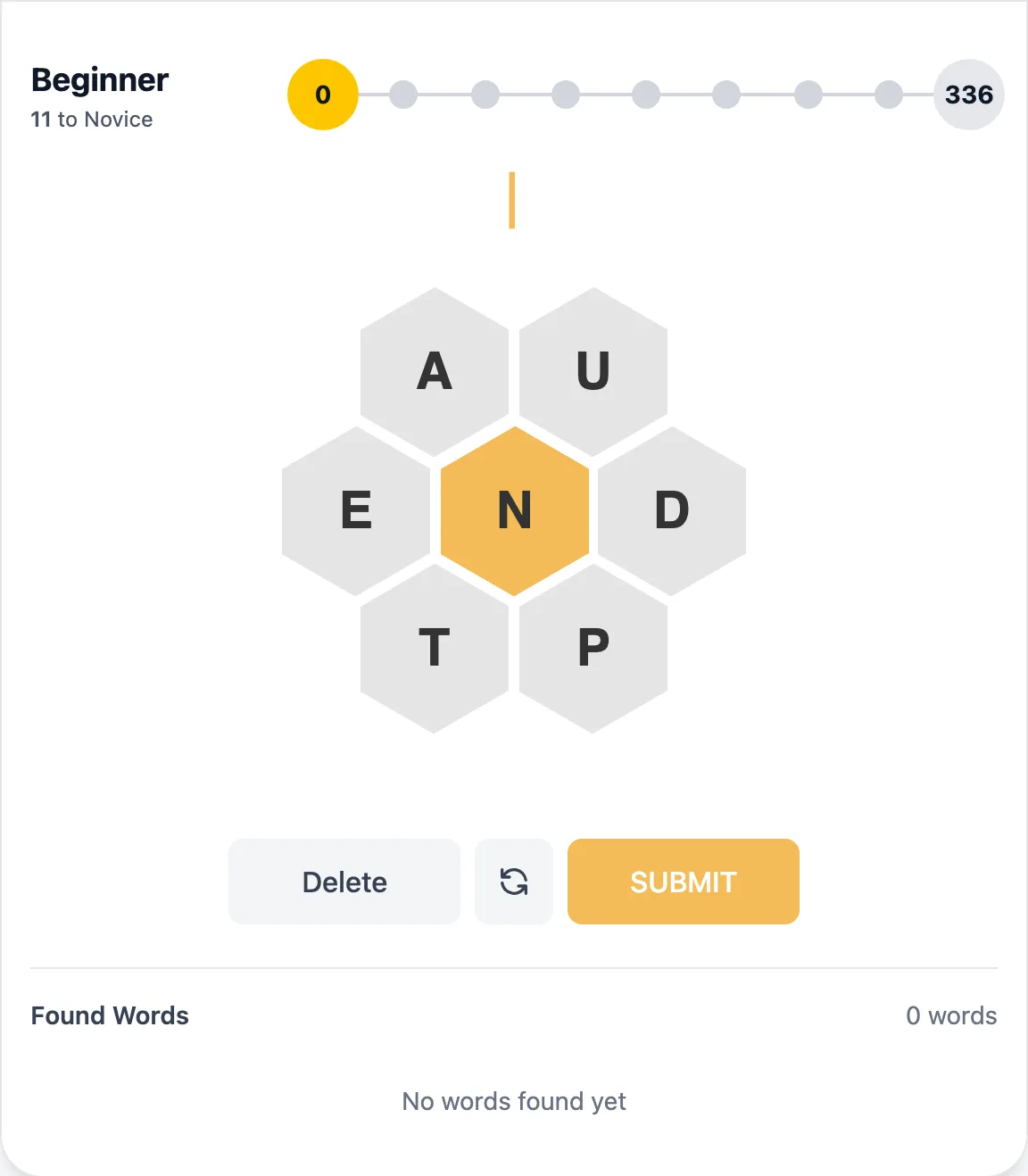Spelling Bee honeycomb of letters mid-game, with the found-words list and rank progress bar