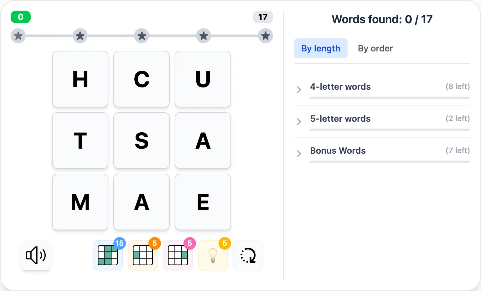 Squaredle Express 3×3 letter grid mid-game, with the word list panel showing answers still to find