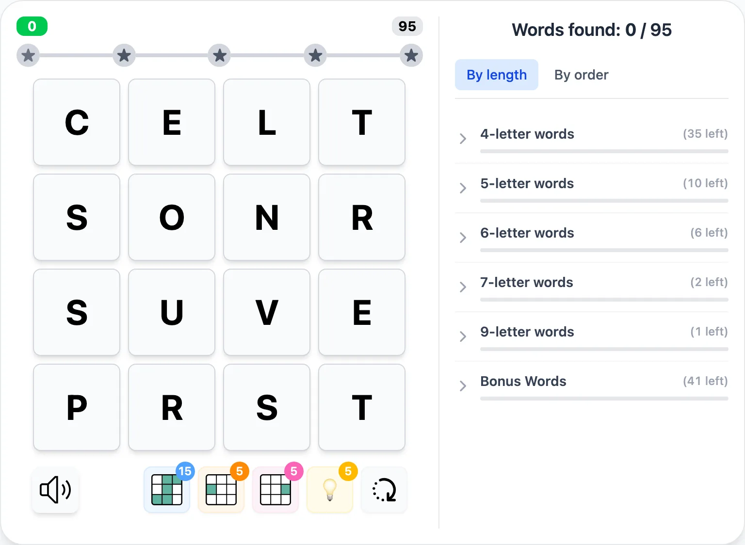Squaredle 4×4 letter grid mid-game, with the word list panel showing answers still to find