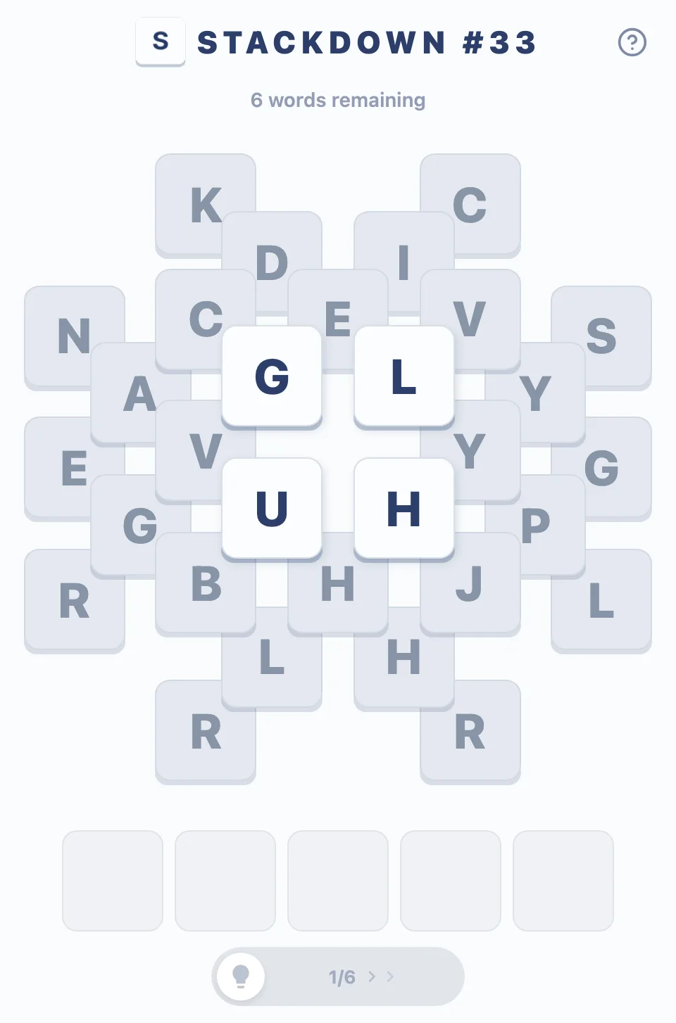 Stackdown diamond-shaped stack of letter tiles mid-game, with the word slots and hint slider below it