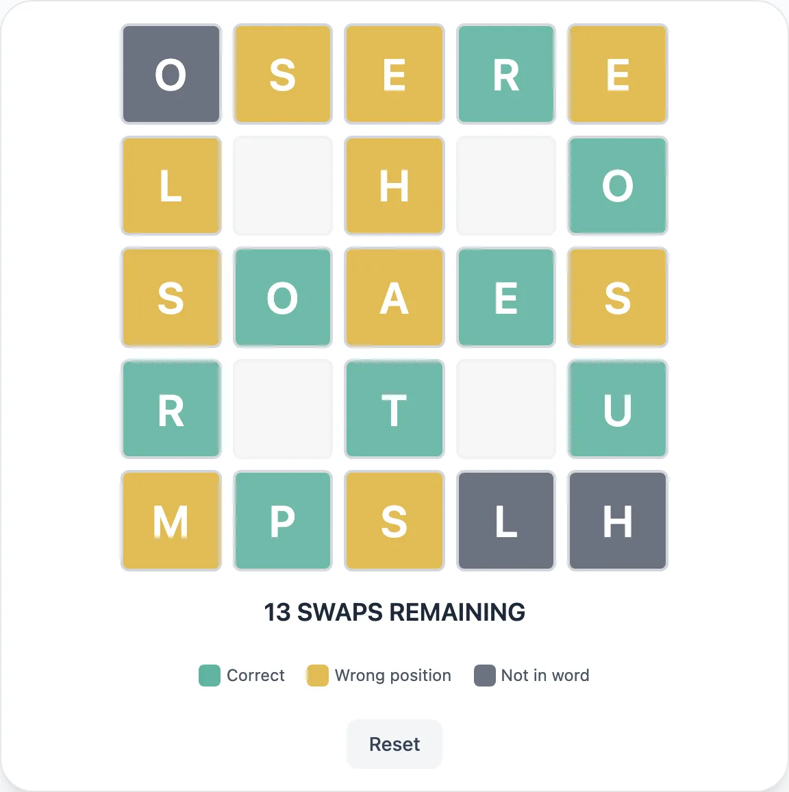 Waffle grid mid-game with green, yellow and grey tiles showing which letters are already correct