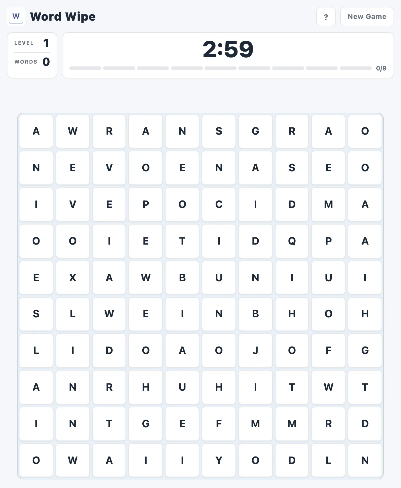 Word Wipe 10×10 letter grid mid-game, with the level, word count and countdown timer above it